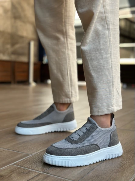 ET0911 Özel Örme Triko Deri Tozu Detaylı Gri Günlük Spor Ayakkabı ürün görseli