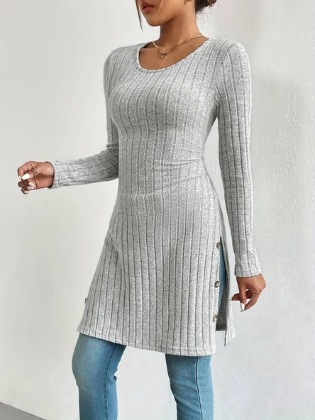 Kadın Uzun Kollu Yuvarlak Yaka Yandan Yırtmaçlı Düğmeli şardonlu Kaşkorse Bluz - Resim 7