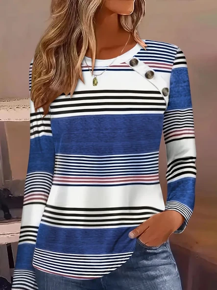 Kadın Uzun Kollu Bisiklet Yaka Düğme Detaylı Desenli Süprem Bluz - Resim 2