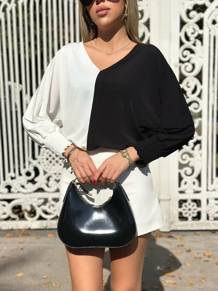 Kadın Uzun Kollu V Yaka Kol Ağzı Gipeli Sandy Bluz - Resim 8