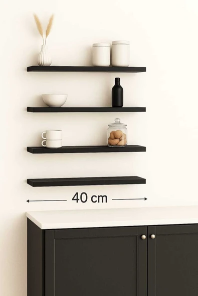 yankı-byeg 40 Cm 4lü Mat Siyah Mdf Uçan Duvar Rafı Gizli Bağlantı Kitaplık Ahşap ürün görseli