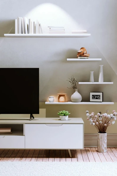 yankı-byeg 4lü 100 cm 80 cm 30 cm Mat Beyaz Mdf Uçan Gizli Bağlantı Dekoratif Duvar Rafı Kitaplık Tv Ünitesi - Resim 2