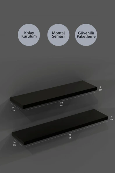 yankı-byeg 50 Cm 60 Cm 2li Mat Siyah Mdf Uçan Duvar Rafı Gizli Bağlantı Kitaplık - Resim 2