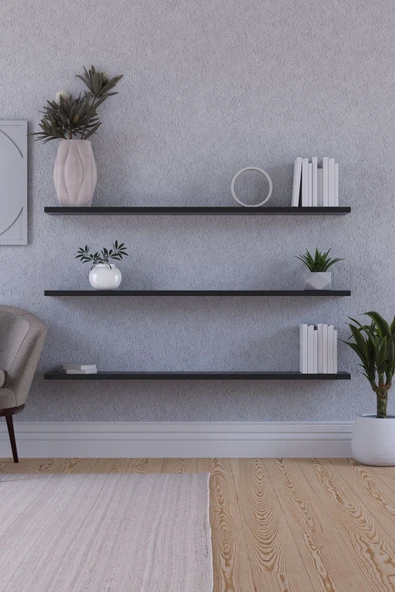 yankı-byeg 100 Cm 3lü Mat Siyah Mdf Uçan Duvar Rafı Gizli Bağlantı Kitaplık - Resim 2