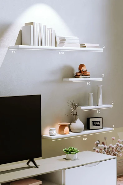 yankı-byeg 4lü 100 cm 80 cm 30 cm Mat Beyaz Mdf Uçan Gizli Bağlantı Dekoratif Duvar Rafı Kitaplık Tv Ünitesi ürün görseli