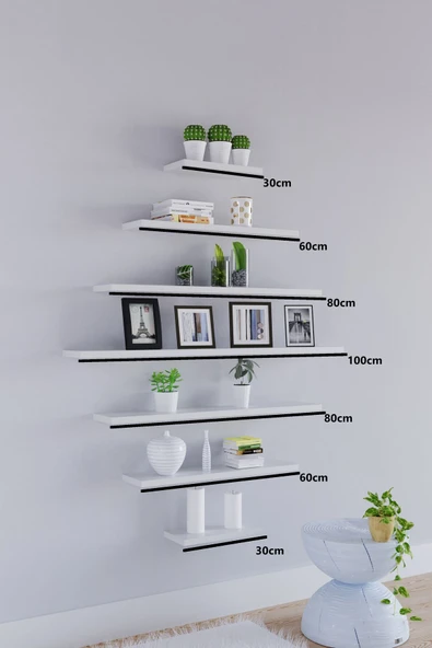 yankı-byeg 7li Mat Beyaz Mdf Uçan Duvar Rafı Gizli Bağlantı Kitaplık Dekoratif Duvar Rafı ürün görseli