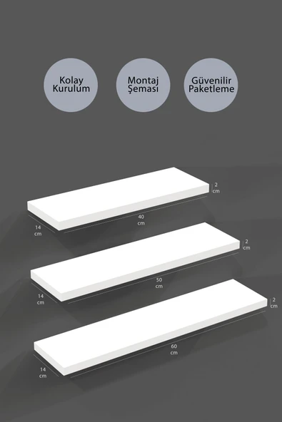 yankı-byeg 40 Cm 50 Cm 60 Cm 3lü Mat Beyaz Mdf Uçan Duvar Rafı Gizli Bağlantı Kitaplık - Resim 2