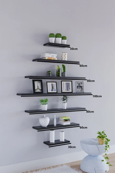 yankı-byeg 7li Mat Siyah Mdf Uçan Duvar Rafı Gizli Bağlantı Kitaplık ürün görseli