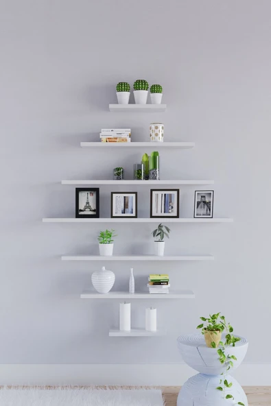 yankı-byeg 7li Mat Beyaz Mdf Uçan Duvar Rafı Gizli Bağlantı Kitaplık Dekoratif Duvar Rafı - Resim 2