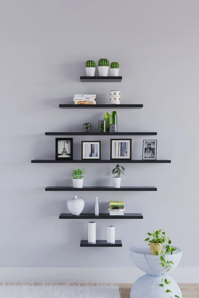 yankı-byeg 7li Mat Siyah Mdf Uçan Duvar Rafı Gizli Bağlantı Kitaplık - Resim 2