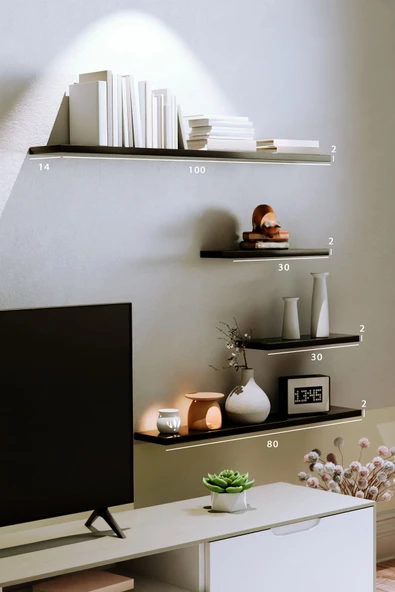 yankı-byeg 4lü 100 cm 80 cm 30 cm Mat Siyah Mdf Uçan Gizli Bağlantı Dekoratif Duvar Rafı Kitaplık Tv Ünitesi ürün görseli