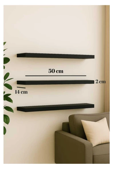 yankı-byeg 50 Cm Mat Siyah Mdf Uçan Duvar Rafı Gizli Bağlantı Kitaplık - Resim 2