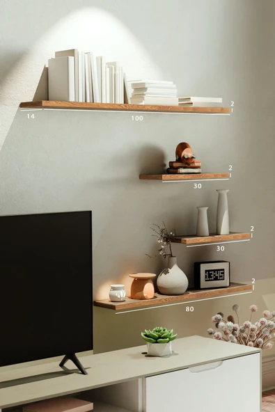 yankı-byeg 4lü 100 cm 80 cm 30 cm Safir Meşe Mdf Uçan Gizli Bağlantı Dekoratif Duvar Rafı Kitaplık Tv Ünitesi ürün görseli