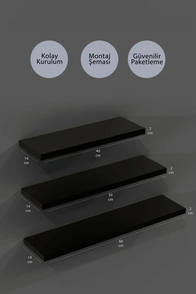 yankı-byeg 40 Cm 50 Cm 60 Cm 3lü Mat Siyah Mdf Uçan Duvar Rafı Gizli Bağlantı Kitaplık - Resim 2