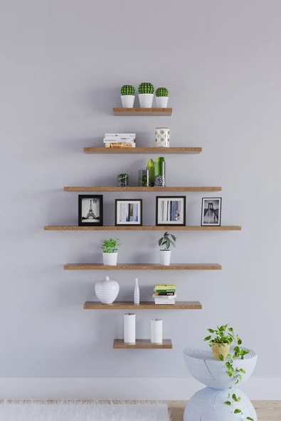 yankı-byeg 7li Safir Meşe Mdf Uçan Duvar Rafı Gizli Bağlantı Kitaplık - Resim 2