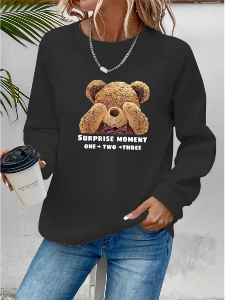 Kadın Uzun Kollu Bisiklet Yaka Ayıcık Desenli Viskon Iki Iplik Bluz ürün görseli