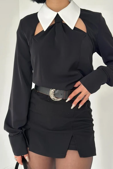 Siyah Önü Kravat Detaylı Bluz - Resim 3