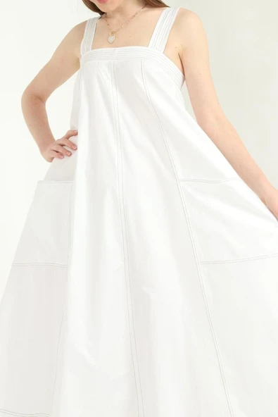 Beyaz Askılı Cepli Elbise - Resim 4