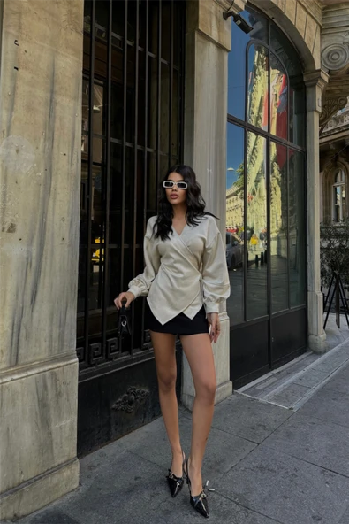 SÜET KRUVAZE BLUZ BAĞLAMA DETAYLI - Taş - Resim 4