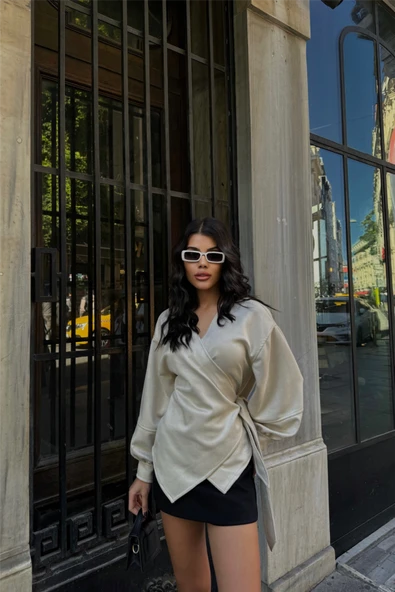 SÜET KRUVAZE BLUZ BAĞLAMA DETAYLI - Taş - Resim 2