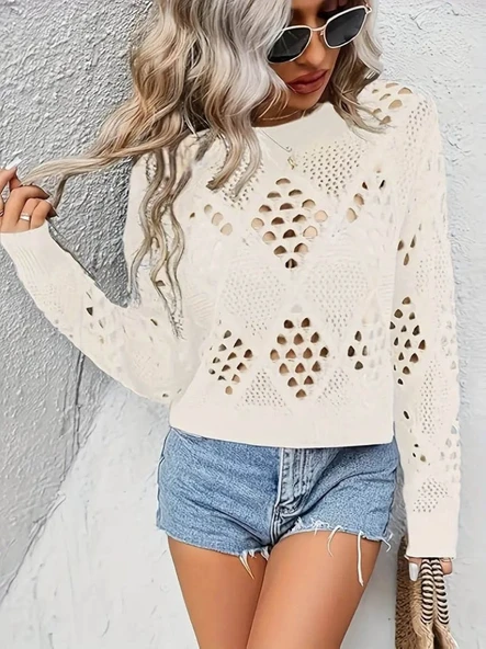 Kadın Uzun Kollu Yuvarlak Yaka Delik Desenli Triko Bluz ürün görseli