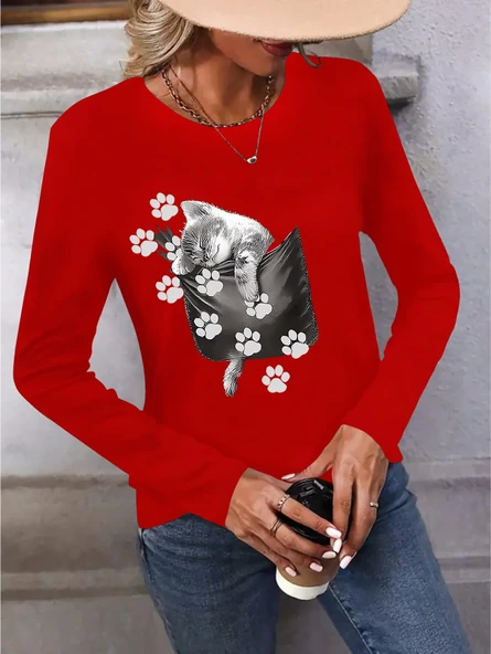 Kadın Uzun Kollu Bisiklet Yaka Desenli Viskon Bluz - Resim 3