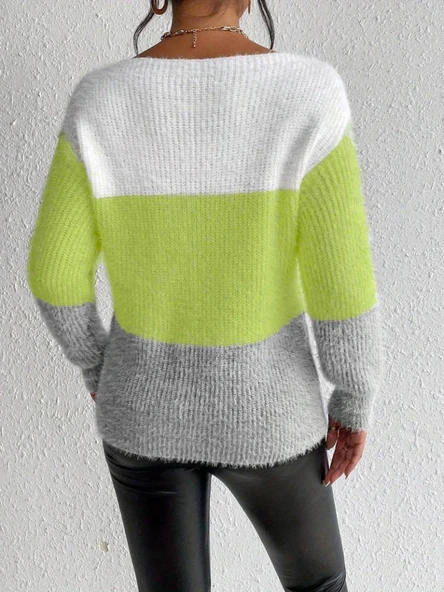 Kadın Uzun Kollu Kayık Yaka çok Renkli Triko Bluz - Resim 4