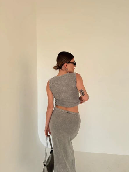 Uzun Etekli Önü Düğmeli Badi İkili Takım- Gri - Resim 3