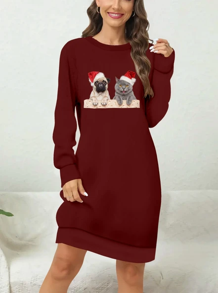 Kadın Uzun Kollu Bisiklet Yaka Desenli Viskon Iki Iplik Elbise - Resim 3