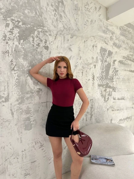 Kısa Kol Badi Bluz - Bordo - Resim 2