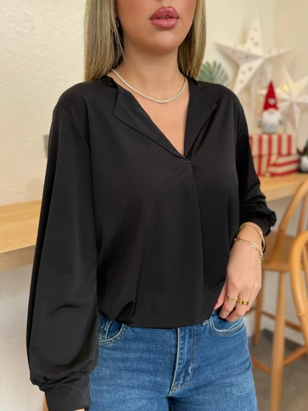 Kadın Uzun Kollu V Yakalı Sandy Bluz - Resim 3