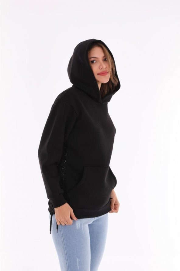 Kadın Siyah Şardonlu Yırtmaçlı Sweatshirt