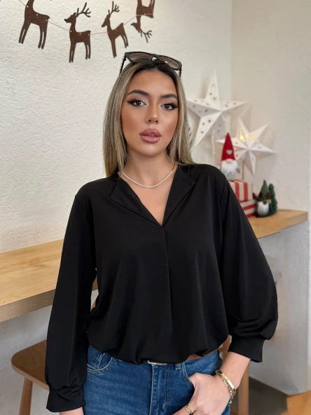 Kadın Uzun Kollu V Yakalı Sandy Bluz - Resim 4