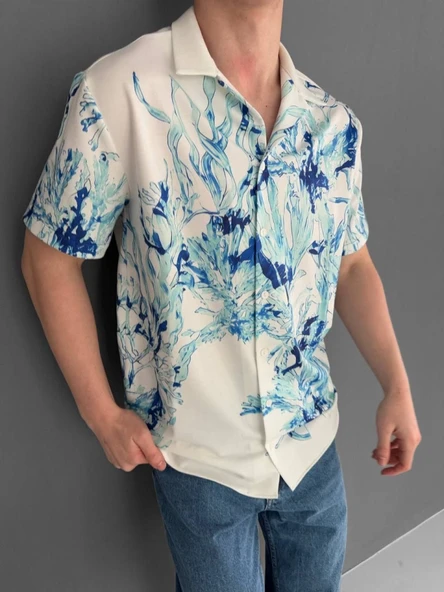 İki İplik Kumaş Baskılı Gömlek - Beyaz - Resim 2