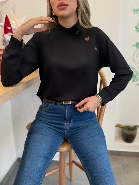 Kadın Uzun Kollu Balıkçı Yaka Düğme Detay şardonlu Dalgıç Bluz - Resim 3