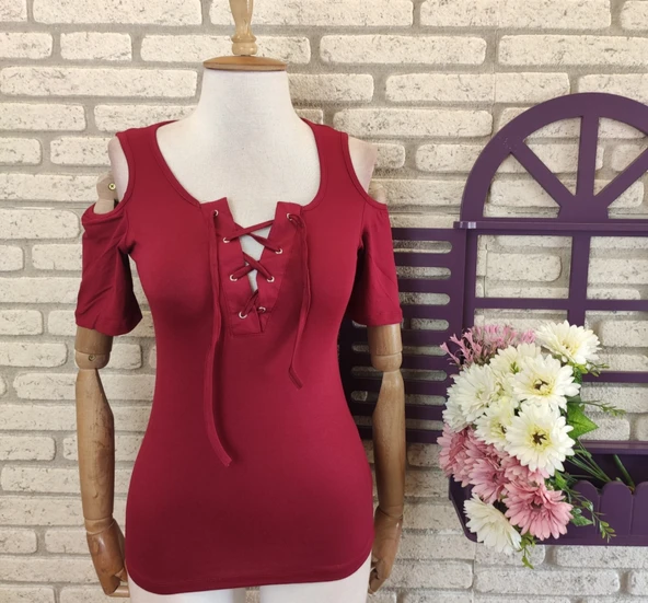 Kadın Bağcık Detaylı Viskon Kumaş Bluz 55cm - Resim 4