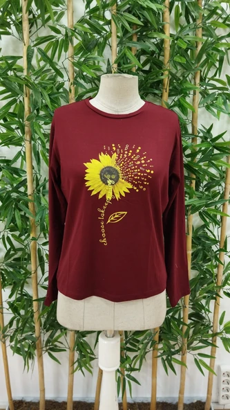 Kadın Uzun Kollu Bisiklet Yaka Ayçiçeği Desenli Viskon Bluz - Resim 5