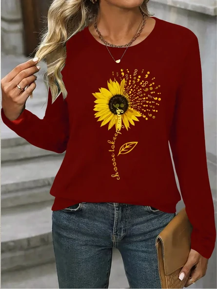 Kadın Uzun Kollu Bisiklet Yaka Ayçiçeği Desenli Viskon Bluz - Resim 9