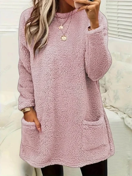 Kadın Uzun Kollu Yuvarlak Yakalı Cepli Peluş Bluz - Resim 3