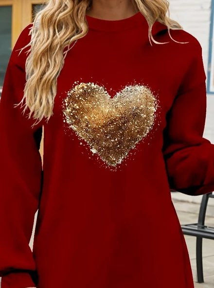 Kadın Uzun Kollu Bisiklet Yaka Kalp Desenli Viskon Iki Iplik Bluz - Resim 2