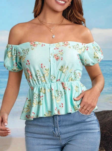 Kadın Kısa Kollu Madonna Yaka çiçek Desenli Düğme Detay Gipeli Süprem Kumaş Bluz - Resim 10