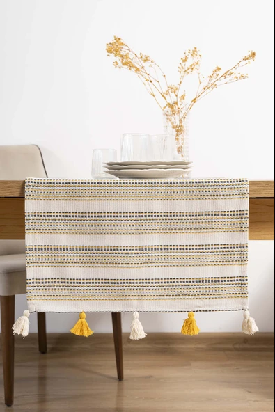 Rivaİstanbul Ruffle Püsküllü Pamuklu Ham Keten Runner 50x130 cm ürün görseli