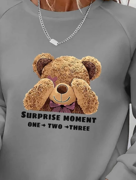 Kadın Uzun Kollu Bisiklet Yaka Ayıcık Desenli Viskon Iki Iplik Bluz - Resim 2