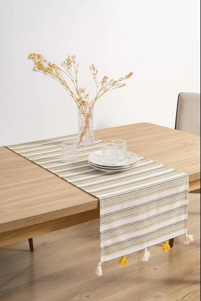 Rivaİstanbul Ruffle Püsküllü Pamuklu Ham Keten Runner 50x130 cm - Resim 2