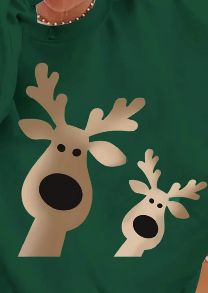 Kadın Uzun Kollu Bisiklet Yaka Geyik Desenli Viskon Iki Iplik Bluz - Resim 2