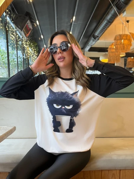 Kadın Uzun Kollu Bisiklet Yaka Kedi Baskılı şardonlu Dalgıç Bluz ürün görseli