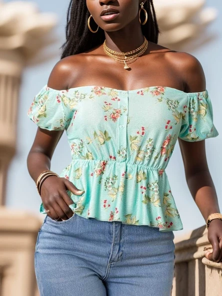 Kadın Kısa Kollu Madonna Yaka çiçek Desenli Düğme Detay Gipeli Süprem Kumaş Bluz - Resim 6