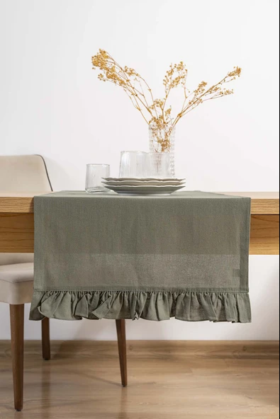 Rivaİstanbul Ruffle Haki Fırfırlı %100 Pamuklu Ham Keten Runner 50x130 cm ürün görseli