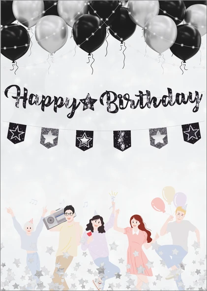 Yıldız Siyah Gümüş Happy Birthday Kaligrafi ve Banner Set ürün görseli 1