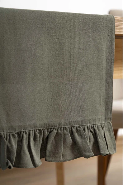 Rivaİstanbul Ruffle Haki Fırfırlı %100 Pamuklu Ham Keten Runner 50x130 cm - Resim 6